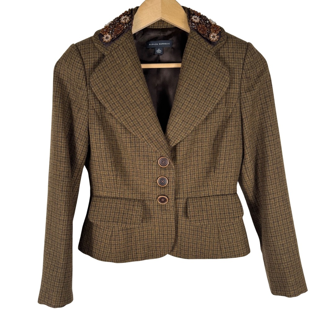 Banana Republic Brown Houndstooth Wool Alpaca Beaded Collar Blazer Women 4